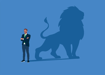 Obraz premium Businessman dreams of becoming a lion. Confident handsome young man standing shadow of a lion reflects leadership. Flat vector illustration
