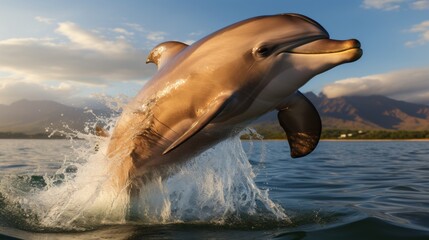 Dolphin jumping out of water, majestic marine mammal in dramatic leap, aquatic wildlife photography