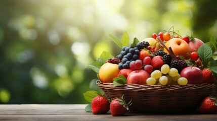 Organic fresh fruit and berries in a basket on blurred outdoor background with copy space for text