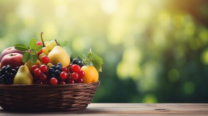 Fresh fruits and berries in basket on defocused outdoor background with copy space