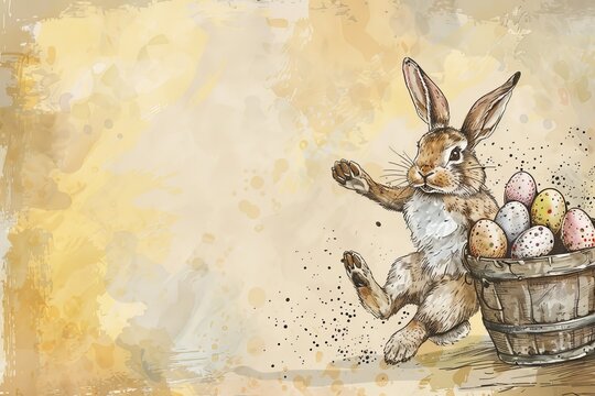 A hand-drawn sketch of a playful Easter bunny hopping with a rustic bucket filled with speckled eggs, set against a vintage farmhouse backdrop
