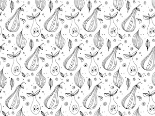 Decorative Pears with leaf hand drawn doodle sketch seamless pattern. Linear fruits. Natural abstract vector illustration. Food Repeated template for background, textile, wrapping paper, wallpaper.