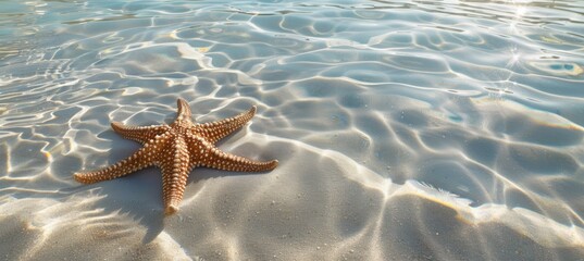Fototapeta na wymiar Starfish floating on the clear water of an exotic beach, creating a stunning summer background. The sunlight reflects off the crystal clear sea surface