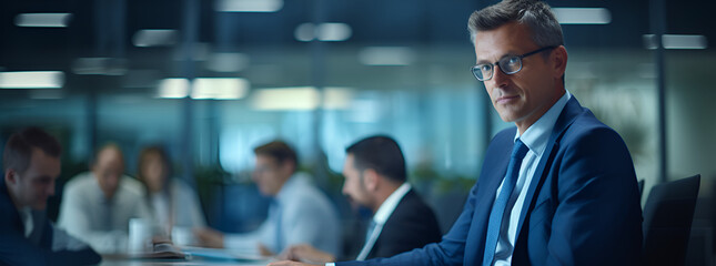 close up of businessman in meeting, closeup of man in office, banner with copy space, black space