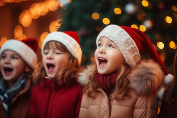 Fototapeta na wymiar Winter Wonderland Cheer: Kids Joyfully Singing in Santa Hats