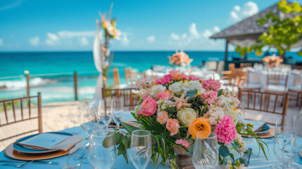 Fototapeta na wymiar Traumhochzeit am Strand mit Hochzeitspaar Blüten im Sand und Wind im Haar Generative AI