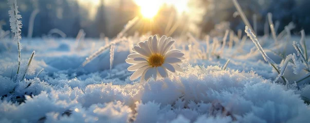 Foto op Aluminium A beautiful snow-covered field, with a blooming daisy in the centre of it. The sun shines on that flower and illuminates everything around it. © EMRAN