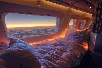 Luxury seat on flight. A large bed with a white comforter