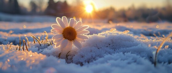 A beautiful snow-covered field, with a blooming daisy in the centre of it. The sun shines on that flower and illuminates everything around it.
