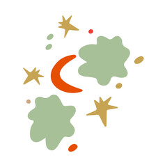Autumn design in flat style, natural fall elements. Hand-drawn moon, stars, clouds. Isolated vector illustration on white background for postcards, textiles, websites and social media
