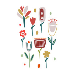 Autumn design in flat style, natural fall elements. Hand-drawn mushroom, .physalis, leaves and berries clipart. Isolated vector illustration on white background for postcards, textiles, websites