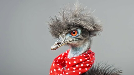 ostrich with red scarf with white polka dots - obrazy, fototapety, plakaty