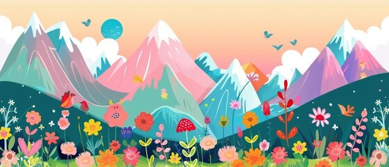 Colorful landscape with mountains and flowers, children book illustration