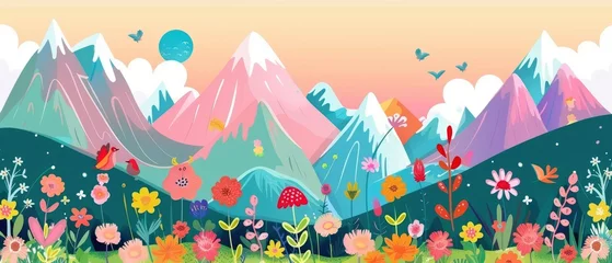 Wandaufkleber Berge Colorful landscape with mountains and flowers, children book illustration