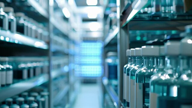 A specialized storage room filled with temperaturecontrolled shelves holding a diverse range of liquid medications and vaccines.