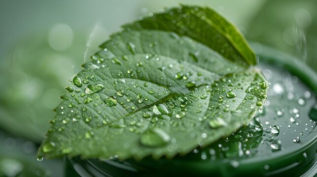 Adding water droplets to a cosmetic bottle or jar beside a closeup of a green leaf. Concept Water droplets, Cosmetic products, Green leaf, Closeup photography, Product showcase