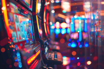 A blurred image of a casino interior, with the bright and colorful lights of slot machines creating an atmosphere of excitement and entertainment - obrazy, fototapety, plakaty
