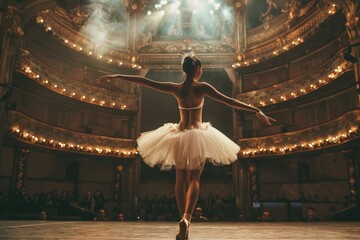 A ballerina on stage, mid-performance, with the grandeur of the theater setting visible around her. Her pose captures a moment of elegance