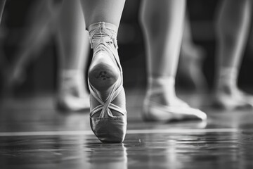 A black and white image of ballet dancers' feet en pointe. The focus on the pointe shoes highlights...