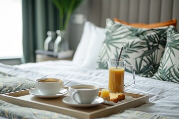 A breakfast tray with coffee and juice served on a bed, suggesting a luxurious or relaxing start to the day, possibly in a hotel setting