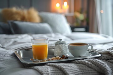 A breakfast tray with coffee and juice served on a bed, suggesting a luxurious or relaxing start to the day, possibly in a hotel setting