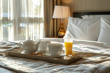 Fototapeta na wymiar A breakfast tray with coffee and juice served on a bed, suggesting a luxurious or relaxing start to the day, possibly in a hotel setting