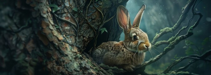 cute hare with the trees and foliage surrounding - obrazy, fototapety, plakaty