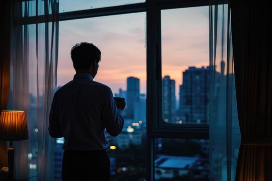 A businessman standing by the window in a hotel room, holding a cup and looking out at the cityscape. The image suggests a moment of contemplation or a morning routine during travel