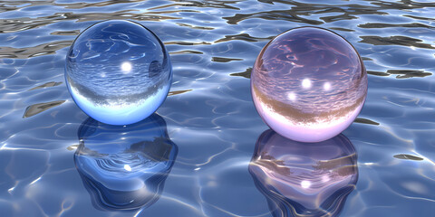 Abstract Modern Minimal Background With Pink Blue Hemispheres - Two Spheres On The Water - obrazy, fototapety, plakaty