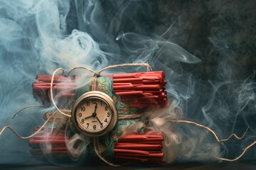 a time bomb, a bundle of red sticks with a clock attached and wires wrapped around it. There's smoke around it, which creates a sense of urgency or impending danger