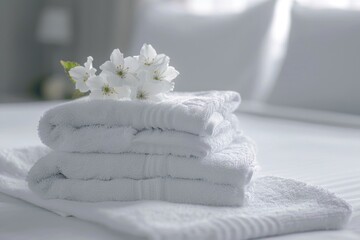 a close-up view of a hotel room, focusing on a stack of white towels with a small white flower on top, set against the backdrop of a crisp white bedsheet and pillows