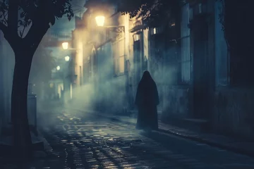 Fotobehang A ghostly figure is depicted in a dark and eerie street setting, which is an artistic representation likely inspired by the Mexican legend of La Llorona, often associated with Halloween © romanets_v