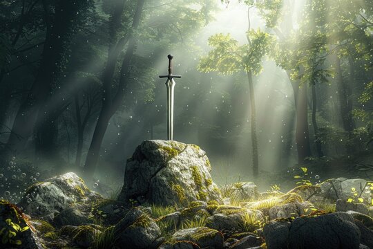 a stylized rendition of a sword stuck in stone, surrounded by rocks, in a mystical forest setting with light rays filtering through the trees. This scene is reminiscent of the Excalibur