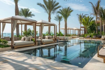 An exclusive poolside relaxation area with private cabanas and plush seating, set against a backdrop of the sea and palm trees, portraying a high-end resort ambiance