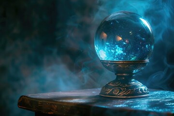 A mystical crystal ball on a stand, illuminated against a dark background with blue tones, associated with fortune-telling or the mystical arts - obrazy, fototapety, plakaty