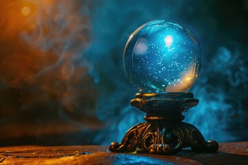 A mystical crystal ball on a stand, illuminated against a dark background with blue tones, associated with fortune-telling or the mystical arts - obrazy, fototapety, plakaty