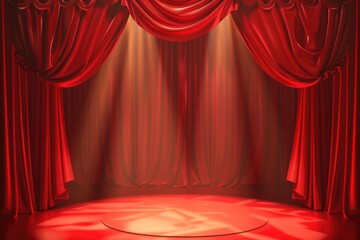 A theatrical stage with red curtains and a spotlight, suggesting a performance or dramatic reveal - obrazy, fototapety, plakaty