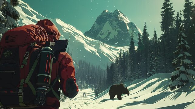 A man traveling in a snowy forest meeting a bear