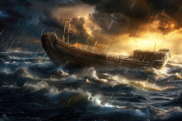 An artistic rendition of Noah's Ark amidst a stormy sea, a scene likely drawn from the Biblical tale, symbolizing salvation, survival, or faith