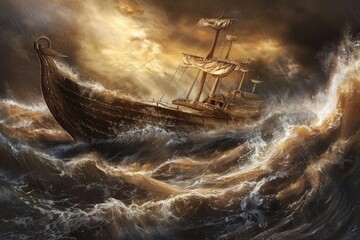 An artistic rendition of Noah's Ark amidst a stormy sea, a scene likely drawn from the Biblical tale, symbolizing salvation, survival, or faith