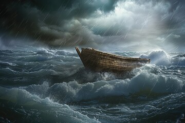 An artistic rendition of Noah's Ark amidst a stormy sea, a scene likely drawn from the Biblical tale, symbolizing salvation, survival, or faith - obrazy, fototapety, plakaty