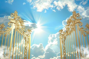 An artistic representation of the gates of heaven, depicted as two large, ornate golden gates opening upon a serene, blue sky with clouds, a visual metaphor for divine entrance or afterlife