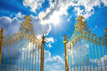 An artistic representation of the gates of heaven, depicted as two large, ornate golden gates...