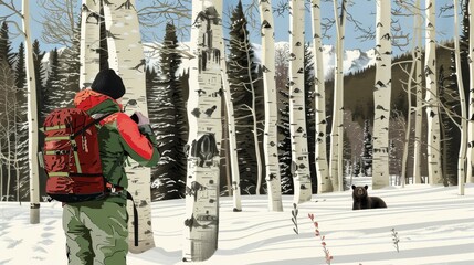 Obraz premium A man traveling in a snowy forest meeting a bear