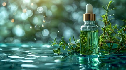 A bottle of moisturizing serum on a blue background with ripples and green algae nearby. Concept Product Photography, Beauty Product, Skincare Routine, Blue Background, Green Algae