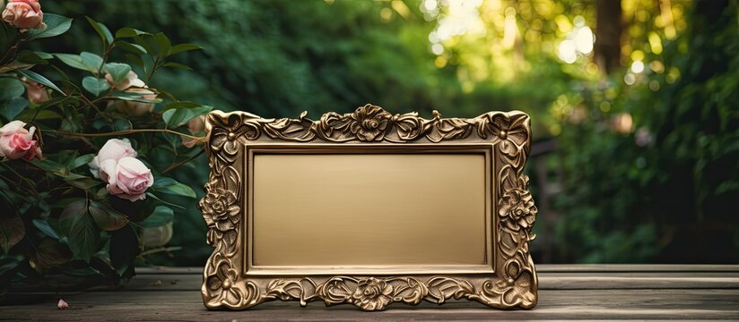 A rectangular wooden picture frame rests on a table overlooking a lush landscape with grass, trees, and a bush in the background, creating a picturesque and peaceful setting