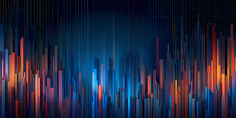 Abstract Neon Background, Modern Wallpaper With Glowing Gold Vertical Lines - A City Skyline With Many Tall Buildings - obrazy, fototapety, plakaty
