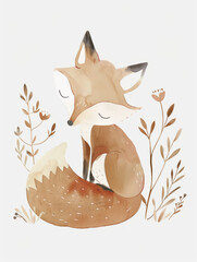 Fototapeta premium Serene fox illustration surrounded by delicate forest foliage.