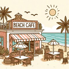 海の見えるカフェのイラスト