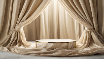3D display podium with beige silk curtain, perfect for modern exhibitions